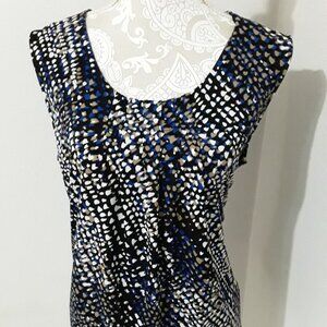 KASPER lovely blue and white/tan pleated neckline sleeveless top size XL